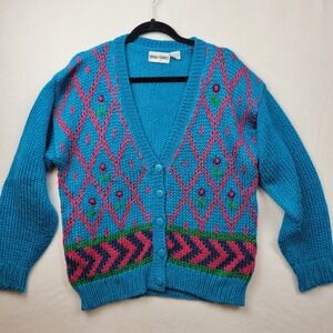 Vintage Mainframe Cardigan Sweater Blue Cottagecore Floral Argyle Knit Large